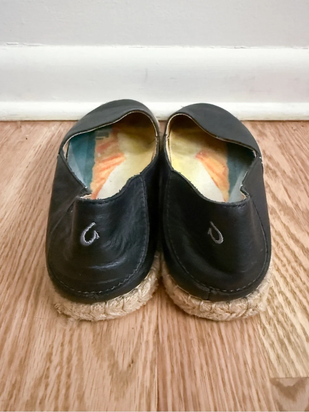 OluKai Kaula Pa'A 'Ili black leather slip-on espadrille flats